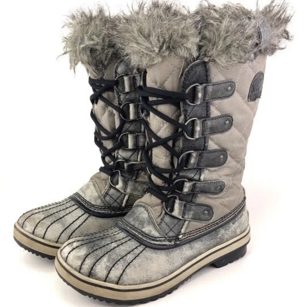 Sorel Tofino Gray Tan Waxed Canvas Leather outdoor Waterproof Snow Boots Sz 8.5
